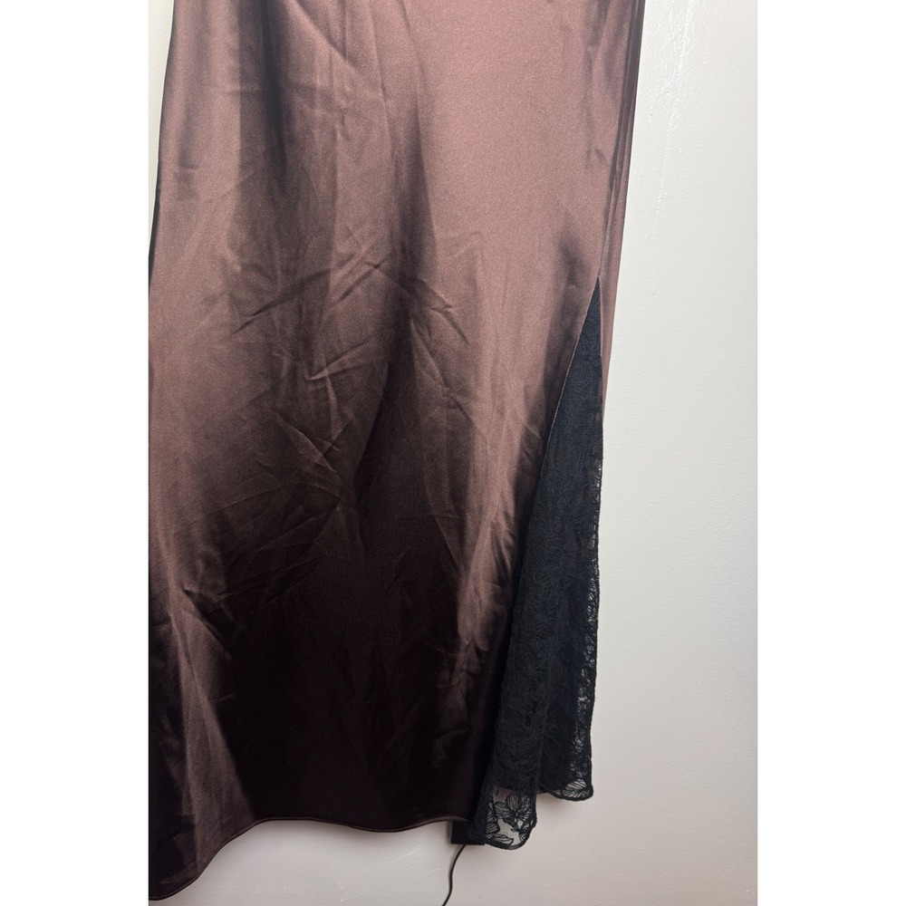 Line and Dot Brown Satin Cowl Neck Lace Slit Maxi Dress Small Open Back - Picture 7 of 12